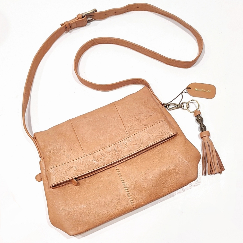 Great American Leatherworks Crossbody Foldover Purse Tan Embossed Paisley Bag